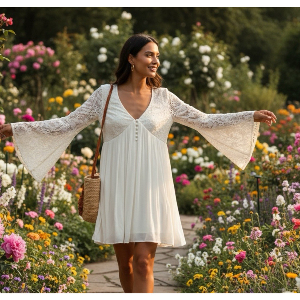 Impressions Lace‎ Dress Woman Cream V-Neck Bell Sleeve Beach Wedding Size S